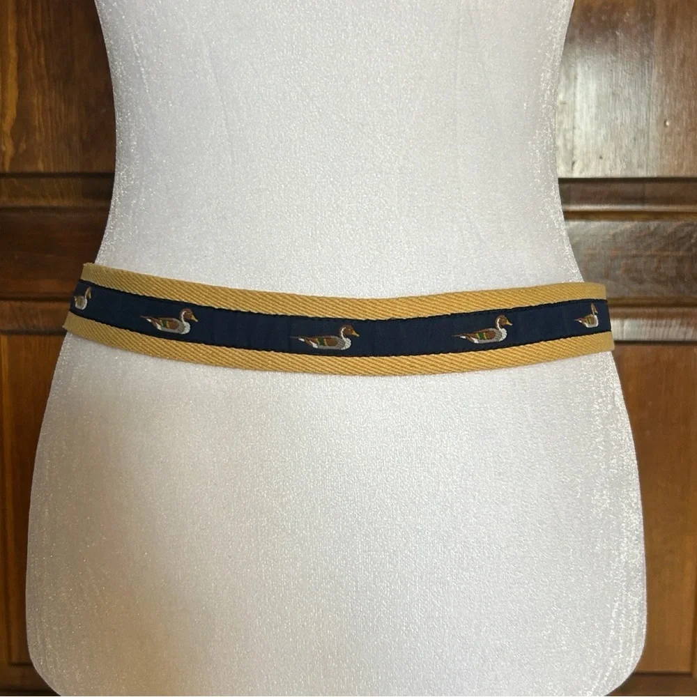 Vintage Pintail‎ Duck Canvas Surcingle Belt Navy Tan Striped Leather Brass Large